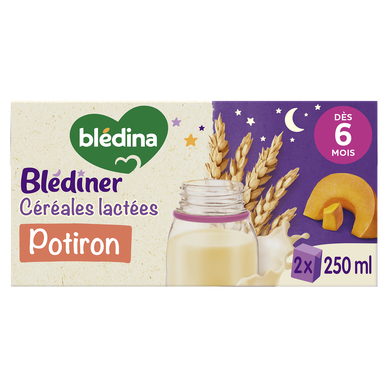 BLEDINA BLEDINER - Lait et céréales bébé soir aux légumes potiron, de6à 12 mois - 2x250ml - Petits pots bébé