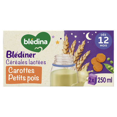 BLEDINA BLEDINER - Lait et céréales bébé soir aux carottes petits pois, dès 12 mois - 2x250ml
