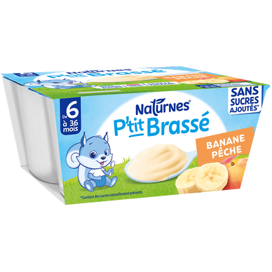 NESTLE P'TITS BRASSE - Desserts lactés P'tit Brasse banane pêche, de 6à 12 mois - 4x90g