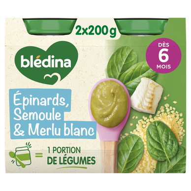 BLEDINA BLEDICHEF - Plat bébé du midi Épinards semoule merlu blanc, de6 à 12 mois - 2x200g - Petits pots bébé