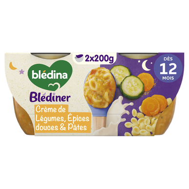 BLEDINA BLEDINER - Crème de légumes aux épices douces pâtes coquilles,dès 15 mois - 2x200g - Repas bébé