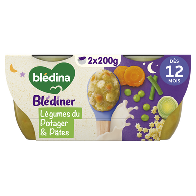 BLEDINA BLEDINER - Légumes du potager pâtes étoiles, dès 12 mois - 2x200g - Petits pots bébé