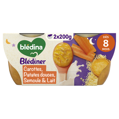 BLEDINA BLEDINER - Plat bébé du soir Carottes patates douces semoule et lait, dès 8 mois - 2x200g - Repas bébé