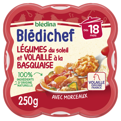 BLEDINA BLEDICHEF - Plat bébé du midi Légumes du soleil et volaille àla basquaise, dès 18 mois - 250g - Repas bébé