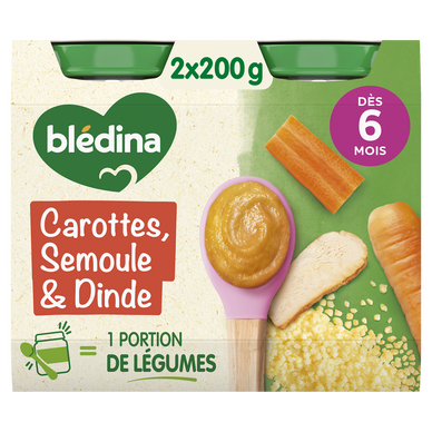 BLEDINA BLEDICHEF - Plat bébé du midi Carottes semoule dinde, de 6 à 12 mois - 2x200g