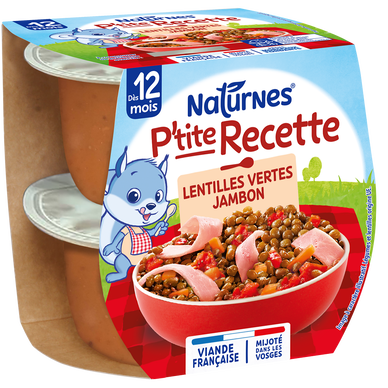 NESTLE P'TITE RECETTE - Plat bébé du midi Lentilles vertes jambon, dès12 mois - 2x200g - Repas bébé