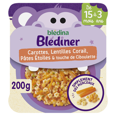 BLEDINA BLEDINER - Plat bébé Carottes, Lentilles corail, pâtes,ciboulette, dès 15 mois - 200g