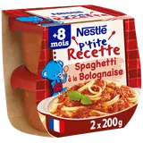 NESTLE P'TITE RECETTE - Plat bébé du midi Spaghetti bolognaise, dès 8mois - 2x200g - Repas bébé