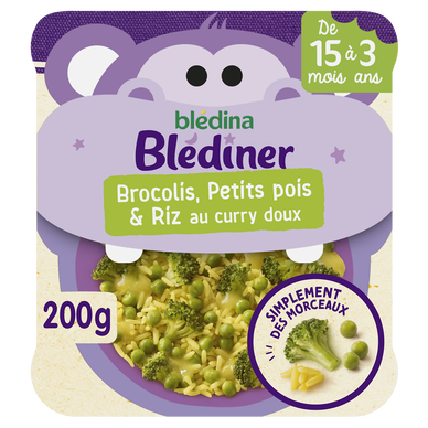 BLEDINA BLEDINER - Plat bébé Brocolis, petits pois & riz au currydoux,dès 15 mois - 200g