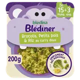 BLEDINA BLEDINER - Plat bébé Brocolis, petits pois & riz au currydoux,dès 15 mois - 200g