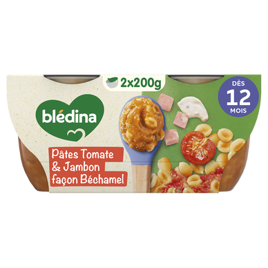 BLEDINA MES MOULINES - Plat bébé du midi Tomates pâtes jambon, dès 12mois - 2x200g - Repas bébé