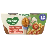 BLEDINA MES MOULINES - Plat bébé du midi Tomates pâtes jambon, dès 12mois - 2x200g - Repas bébé