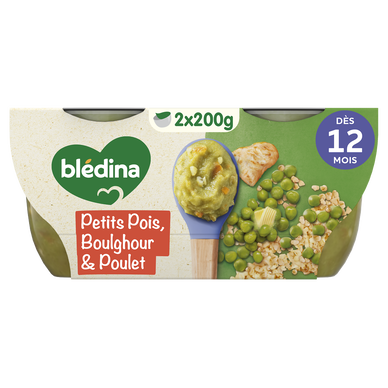 BLEDINA BLEDICHEF - Plat bébé du midi Petits pois, boulghour & pouletnoisette de beurre, dès 12 mois - 2x200g