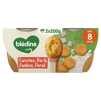 BLEDINA LES IDEES DE MAMAN - Plat bébé du midi Moulins de carottes, riz, jambon, dès 8 mois - 2x200g - Repas bébé