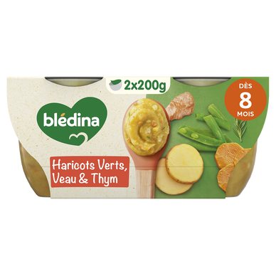 BLEDINA BLEDICHEF - Plat bébé du midi Haricots verts carottes veau, dès 8 mois - 2x200g - Repas bébé