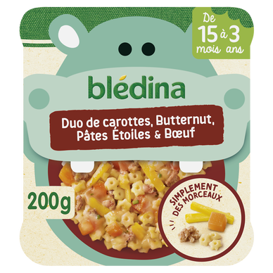 BLEDINA BLEDICHEF - Plat bébé du midi Duo de carottes, Butternut, pâtes étoiles & boeuf, dès 15 mois - 200g - Repas bébé