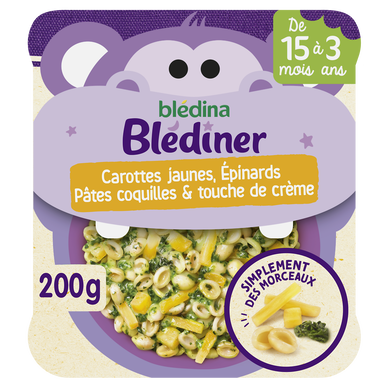 BLEDINA BLEDINER - Plat bébé du soir morceaux carottes épinards pâtescrême, dès 15 mois - 200g - Repas bébé