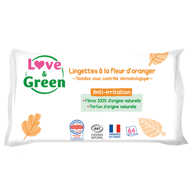 Lingettes hypoallergéniques fleurs d'oranger peaux sensibles LOVE&GREEN,  x64