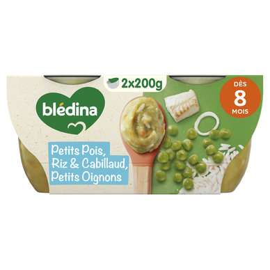 BLEDINA BLEDICHEF - Plat bébé du midi Ecrasé de petits pois, riz & cabillaud petits oignons, dès 8 mois - 2x200g