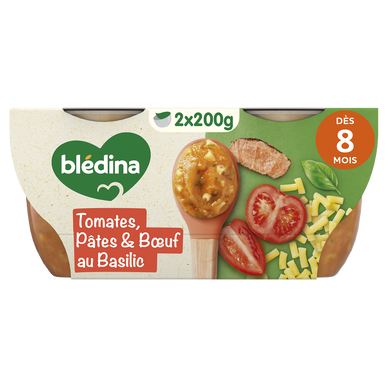 BLEDINA MES MOULINÉS - Plat bébé du midi Tomates cuisinées petites pâtes boeuf, dès 8 mois - 2x200g - Repas bébé