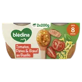 BLEDINA MES MOULINÉS - Plat bébé du midi Tomates cuisinées petites pâtes boeuf, dès 8 mois - 2x200g - Repas bébé