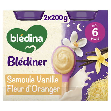 BLEDINA BLEDINER - Plat bébé du soir Semoule vanille fleur d'oranger,de 6 à 12 mois - 2x200g - Petits pots bébé