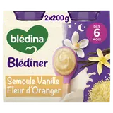 BLEDINA BLEDINER - Plat bébé du soir Semoule vanille fleur d'oranger,de 6 à 12 mois - 2x200g - Petits pots bébé