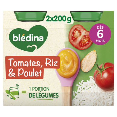 BLEDINA - Plat bébé du midi Tomates Riz Poulet, de 6 à 12 mois - 2x200g