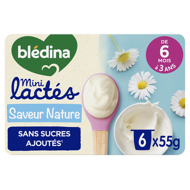 BLEDINA MINI LACTES - Desserts lactés bébé nature sans sucres, de 6 à12 mois - 6x55g