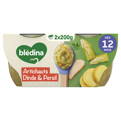 BLEDINA MES MOULINES - Ecrasé d'artichauts dinde des pays de la loire,dès 12 mois - 2x200g - Repas bébé