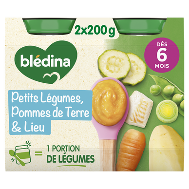 BLEDINA - Plat bébé du midi Petits légumes pommes de terre lieu, de 6à12 mois - 2x200g