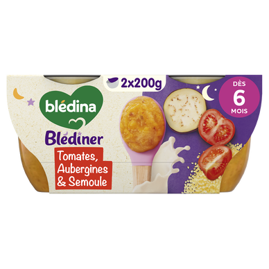 BLEDINA BLEDINER - Douceur de tomates aubergines et semoule, de 6 à 12mois - 2x200g - Repas bébé