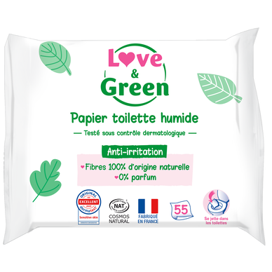 Lingettes de toilettes hypoallergéniques LOVE&GREEN, x55