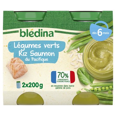 BLEDINA - Plat bébé du midi Légumes verts Riz Saumon du Pacifique, de6à 12 mois - 2x200g