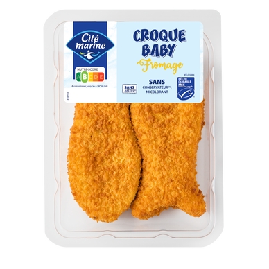 Poisson pané au fromage Croque Baby CITE MARINE, transformé en France,2 pièces, barquette de 200g