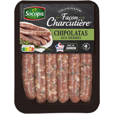 Chipolata herbes façon charcutière, SOCOPA, France, 6 pièces, barquette, 330g