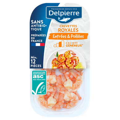 Crevette cuite royale décortiquée, penaeus spp., transformé en France,barquette 150g