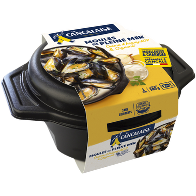 Cocotte moule cuite, Mytilus Edulis, cuisiné à la crème, transformé enFrance, barquette 500g