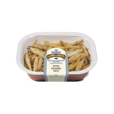 Petits poissons frits, transformé en Italie, barquette 120g.