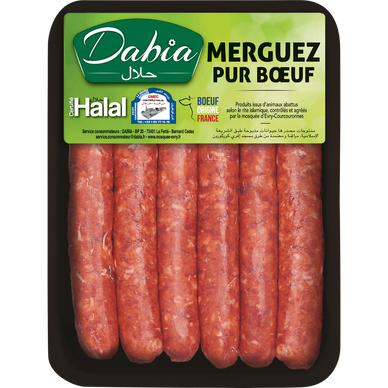 Merguez véritable pur boeuf Halal, DABIA, France, 6 pièces, barquette,330g