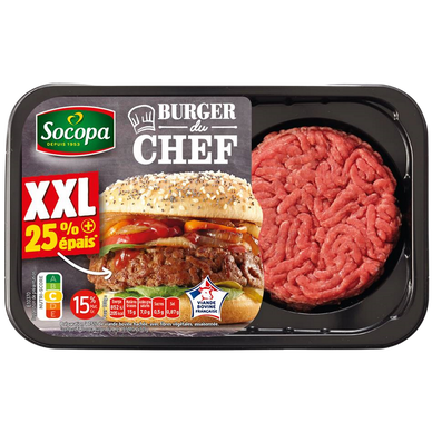 Préparation à base de viande haché bovine, Burger du chef XXL, 15% Matière grasse, SOCOPA, France, 2 pièces soit 160g.