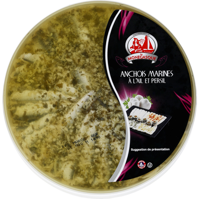 Filets d'anchois marinés à l'ail et au persil, transformé au Maroc, barquette 470g