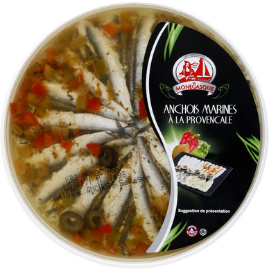 Filets d'anchois marinés à la provencale, transformé au Maroc, barquette 470g.