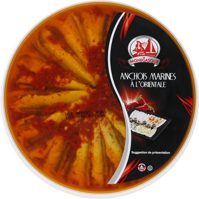 Filets d'anchois marinés à l'orientale, transformé au Maroc, barquette470g.
