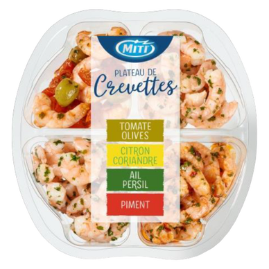 Plateau 4 crevettes marinées, transformé en France, barquette 180g