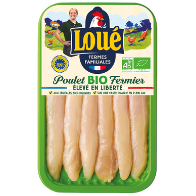 Aiguillette de poulet fermier, BIO, LOUE, France, barquette 6 pièces