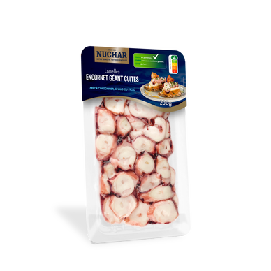 Encornet géant cuit coupé lamelles, transformé Espagne, skin pack, 200g