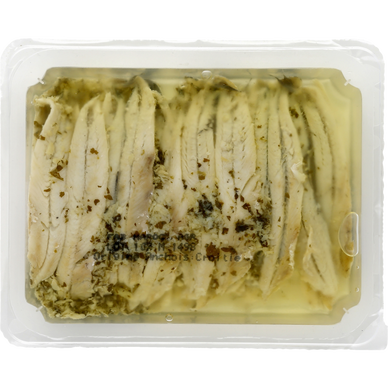 Filet d'anchois mariné à l'ail, transformé au Maroc, barquette de 200g