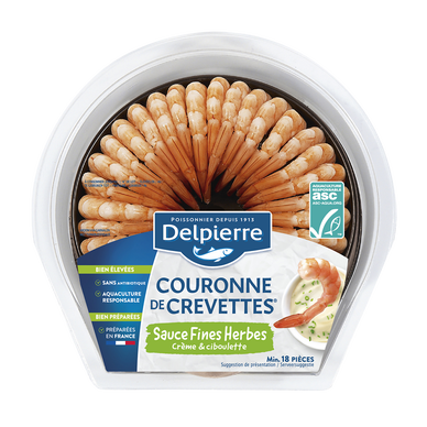Couronne de queues de crevettes cuites décortiquées et sauce fines herbes, transformé France, barquette 130g