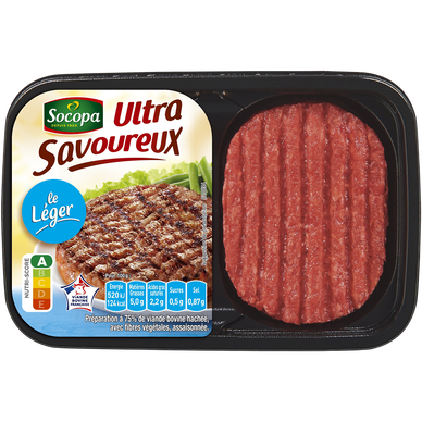 Steak haché,Ultra savoureux, 5% Matière grasse, SOCOPA, France, Les 2steacks - barquette 200g